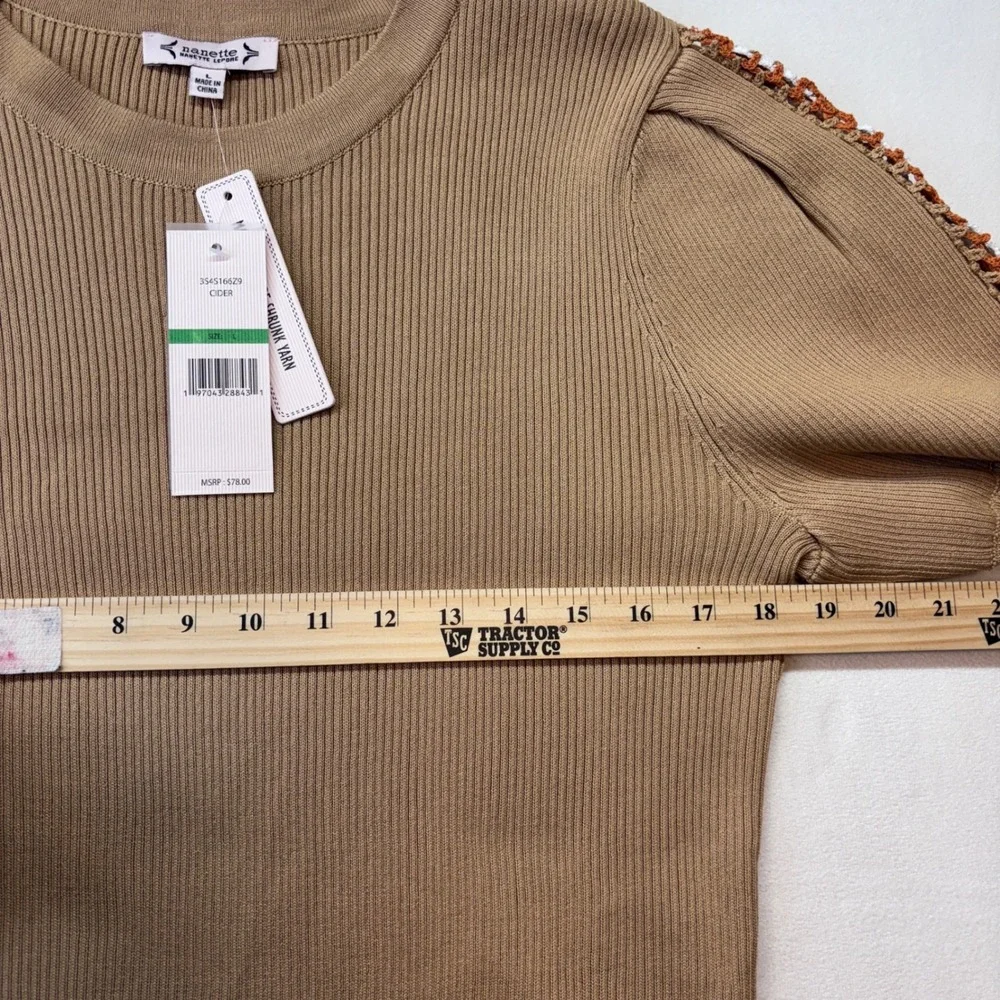 Nanette Nanette Lepore  Large New Ribbed Knit Crochet‎ Sleeve Top Shirt Women's - Picture 5 of 11